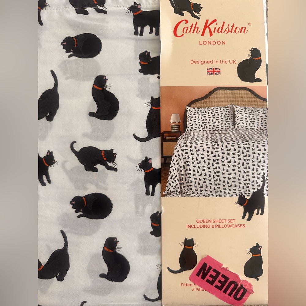 Cath Kidston Black Cat Print Queen Sheet Set 4 Pc Cotton NEW Bedding